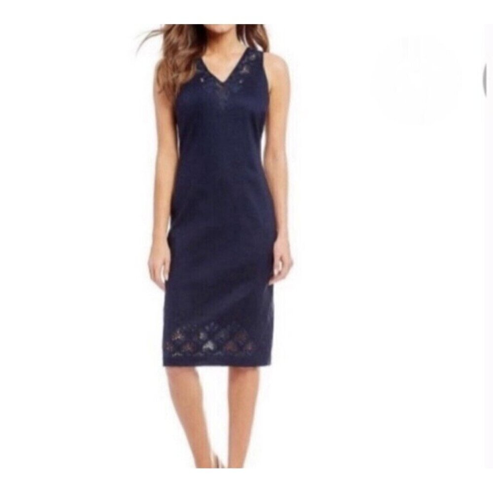 Antonio Melani Navy Blue‎ Eyelet Sleeveless Midi Dress Linen Blend Lined Size 4